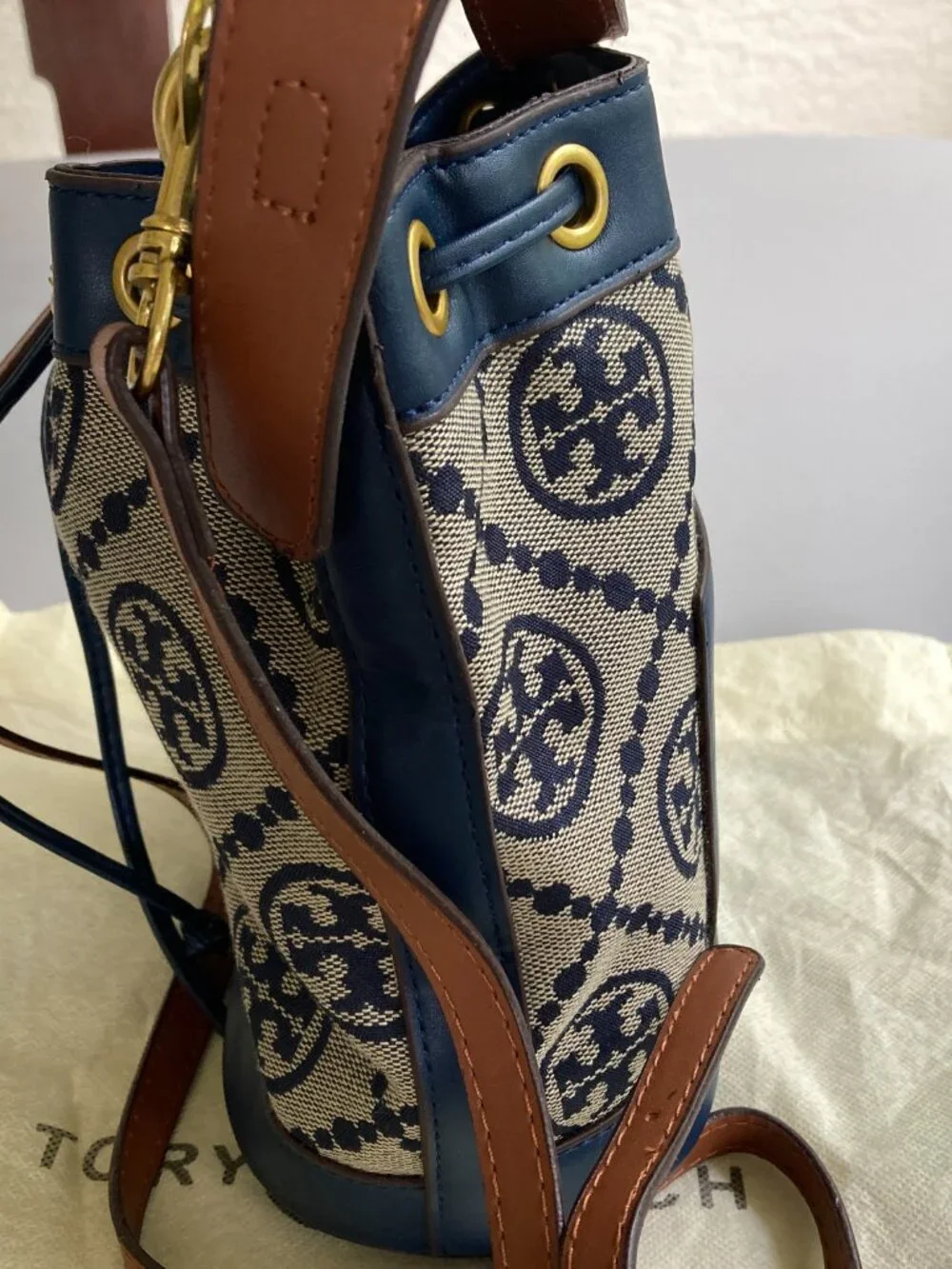 Tory Burch Denim Like Bucket Bag Drawstring  Crossbody  8X8 Mini NEW